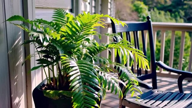 Serene outdoor setting with a lush green fern in a planter, a black rocking chair, and a sunlit wooden porch, perfect for relaxation.