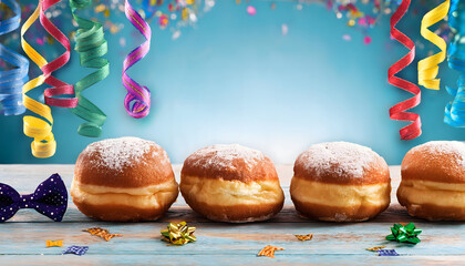 reihe, berliner, karneval, k&ouml;lle, alaaf, ad, neu, s&uuml;ss, k&ouml;ln, essen, dessert, konfetti, luftschlangen, banner, textfreiraum, werbetafel, tafel, board, bokeh, glow, 3d, photo, gruppe, deutsch, b&auml;ckerei