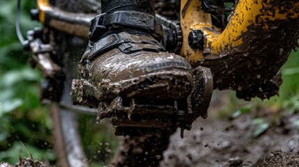 Muddy mountain bike shoe, forest trail, action shot