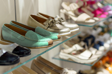 Women's shoes of different colors on the counter in a shoe store.