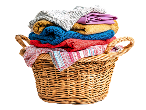 pile of dirty laundry in a wicker basket isolated on transparent or white background, png cutout