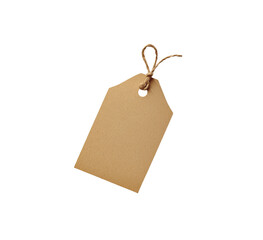A blank, brown paper tag with a string, perfect for labeling and crafting projects or as a decorative element. Isolated on transparent background, png.