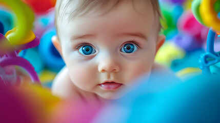 Fototapeta premium A baby with blue eyes is lying on a colorful surface