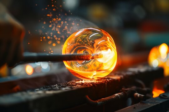 A glassblower skillfully shaping molten glass with a blowpipe and tools.