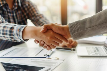 Fototapeta premium A small business owner shaking hands with a banker in a modern office.