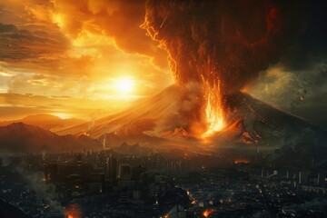 Fictional view of a volcanic eruption near a city.