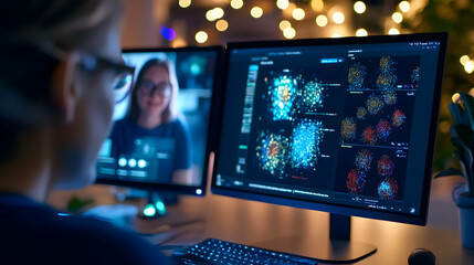 Had a productive virtual meeting, analyzing colorful data visuals with soft lighting