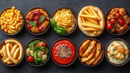 Assorted bowls of various appetizers including fries, mac and cheese, and other snacks.