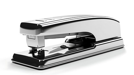 Isolated shiny metallic stapler with a modern design isolated on solid white background.