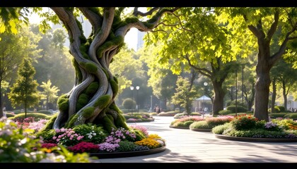 Twisted tree trunk with blooming flowers in sunny public garden. Curved pathway through peaceful park landscape. Summer morning nature scenery with light rays and copy space
