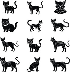 Set of different type of black and white cat vector for design.eps