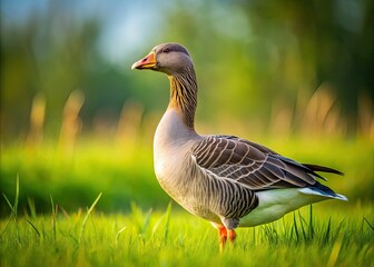 Obraz premium Wild Graylag Goose, side profile, amidst Dutch grassland's vibrant green.