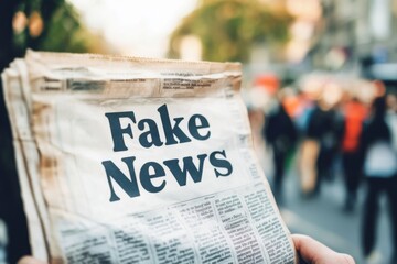 Newspaper headline showing fake news concept with blurred crowd in background
