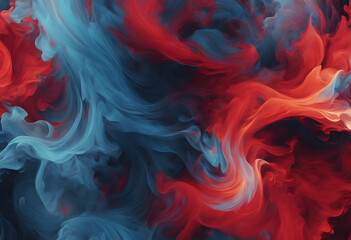 Abstract swirling patterns of red and blue smoke-like textures.