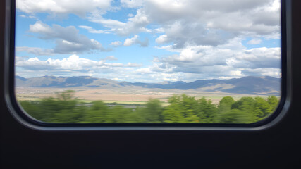 A view from a train window with a beautiful view, the feeling of moving in the picture. Generative AI