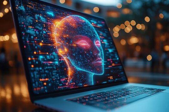 Laptop showing hologram of artificial intelligence face emerging from binary code