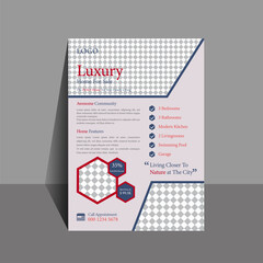 Professional Real Estate Advertising Flyer made of hexagons, retro colours, icons and descriptions of company and furnitures 