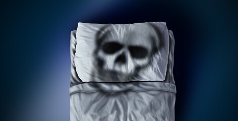 Irregular Sleep Health Risk concept as a bed with a pillow on a mattress as a symbol of sleep anxiety or bedtime stress with a death skull symbol representing insomnia and wellbeing challenges.