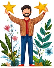 grow in job position, a cartoon-style office scene with a young professional receiving a golden star from their manager while coworkers clap enthusiastically.