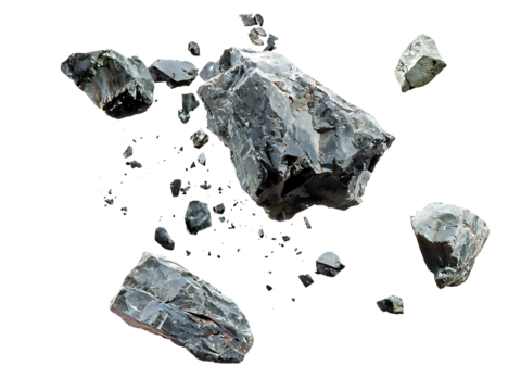 rocks falling through the air isolated on transparent or white background, png cutout