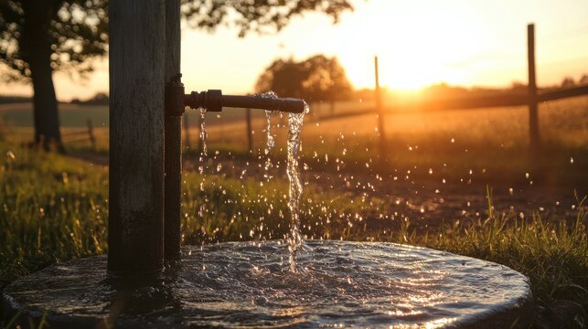 Water Source in Rural Landscape During Golden Hour