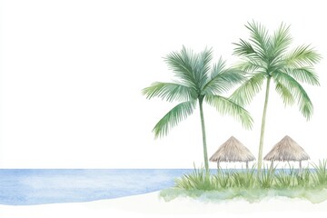 Obraz premium Relaxing watercolor beach scene with palm trees tropical shoreline serene atmosphere artistic viewpoint