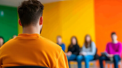 Fototapeta premium A group of individuals sits in a colorful space, engaged in an inspiring conversation with focus