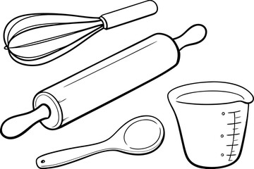 Baking tools whisk, rolling pin, spoon, measuring cup, kitchen utensils