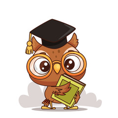 A cute cartoon owl graduate cheerfully holding a stack of colorful books, ideal for educational themes