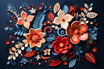 Intricate paper art featuring vibrant floral designs in red, blue, and cream tones, displayed on a dark background for dramatic contrast.
