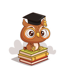 A cute owl wearing a graduation cap is perched adorably on a stack of books, symbolizing knowledge and learning