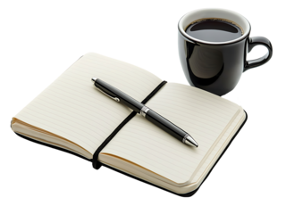 sleek notebook and a cup of coffee isolated on transparent background or white background, png cutout