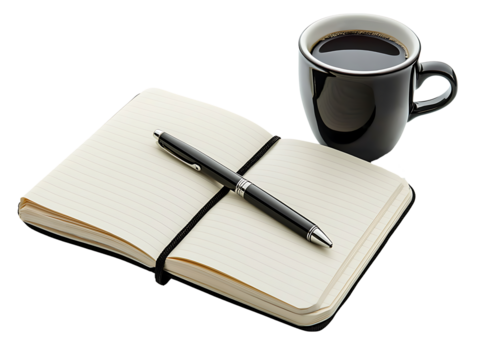 sleek notebook and a cup of coffee isolated on transparent background or white background, png cutout