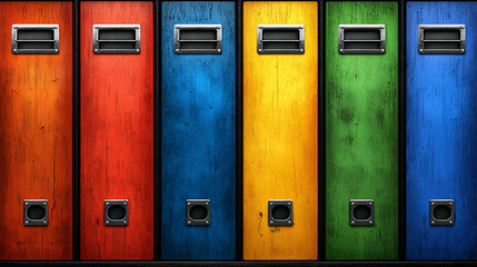 Colorful wooden lockers in a row, showcasing vibrant hues of red, blue, yellow, green, and orange, adding a playful touch to any space.