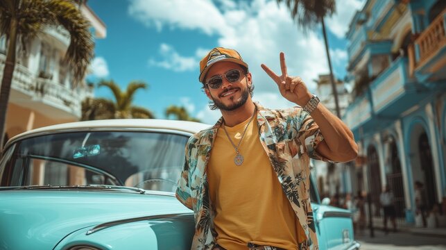 Fototapeta Smiling Man Posing by Vintage Car in Tropical City