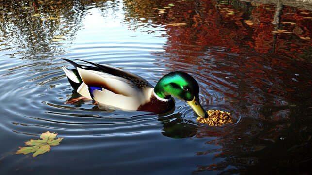 A mallard duck foraging in a pond surrounded by autumn foliage.