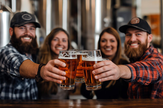 Friends clinking pint glasses at a craft brewery, with cheerful expressions.
