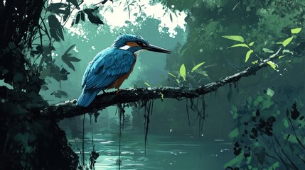 Fototapeta premium Serene Kingfisher by the River: A Digital Painting of Tranquility
