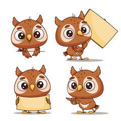 Four absolutely adorable cartoon owls holding blank signs, which are perfect for creating fun and creative designs