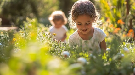 Children Enjoying an Easter Egg Hunt in the Garden