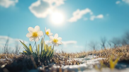 Spring flowers and grass growing from the melting sun, blue sky and sunshine in the background. Concept of spring coming and winter leaving.