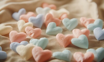 Artistic arrangement of pastel-colored heart confetti on a mocha linen surface.