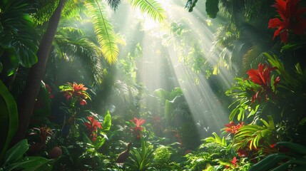 Pantheism Sunlight filters through lush rainforest foliage, revealing vibrant flora and a sense of divine harmony in a mesmerizing natural world