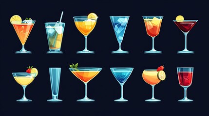 Collection of various colorful cocktails in different glasses.