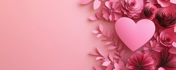 Beautiful Valentine's Day Background with Pink Love Heart. Paper Cut Flowers Design with copy-space.