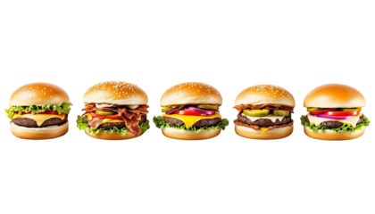 A set of mini burger illustrations or emojis arranged in a row, playful and appetizing