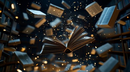 Symbolic representation of impersonal idealism with luminous floating books creating abstract ideas in boundless space