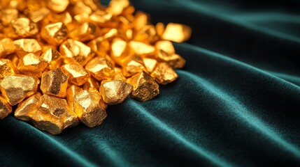 Pile of gold nuggets on dark fabric