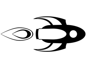 Rocket flying horizontally, Starship - vector black and white picture for logo, icon or pictogram. Stylized fantastic spaceship for identity or sign.	