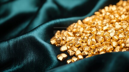 Pile of gold nuggets on teal silk